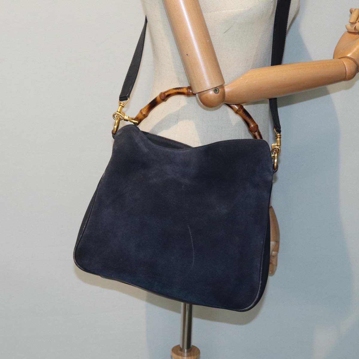 GUCCI Bamboo Shoulder Bag Suede 2way Navy 001 1014 1638 0 Auth th5147