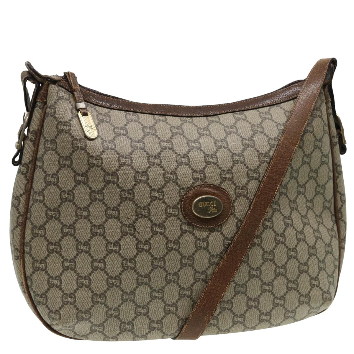 GUCCI GG PLUS Canvas Shoulder Bag PVC Leather Beige Auth th5152