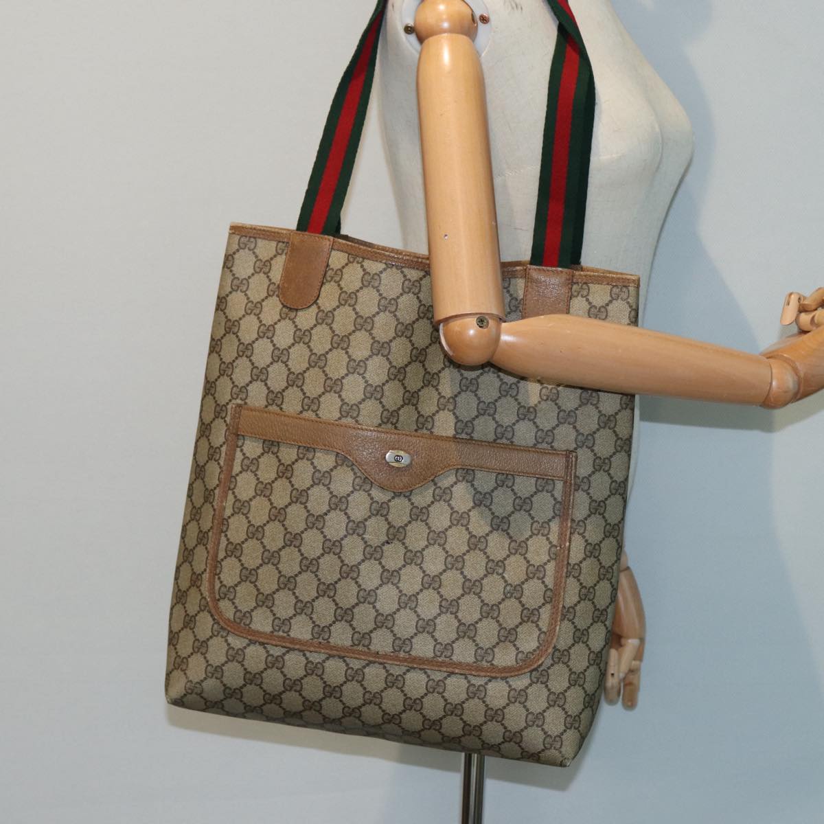 GUCCI GG Supreme Web Sherry Line Tote Bag PVC Beige Red 39 02 003 Auth th5169