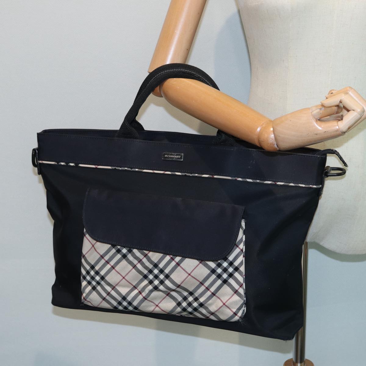 BURBERRY Nova Check Tote Bag Nylon Beige Black Auth th5170