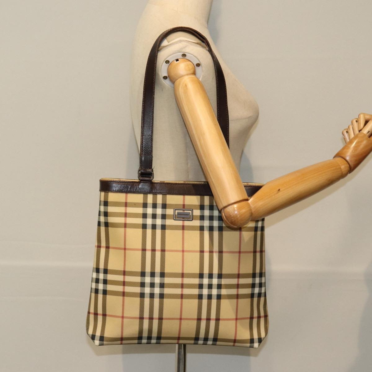 BURBERRY Nova Check Tote Bag PVC Leather Beige Auth th5205