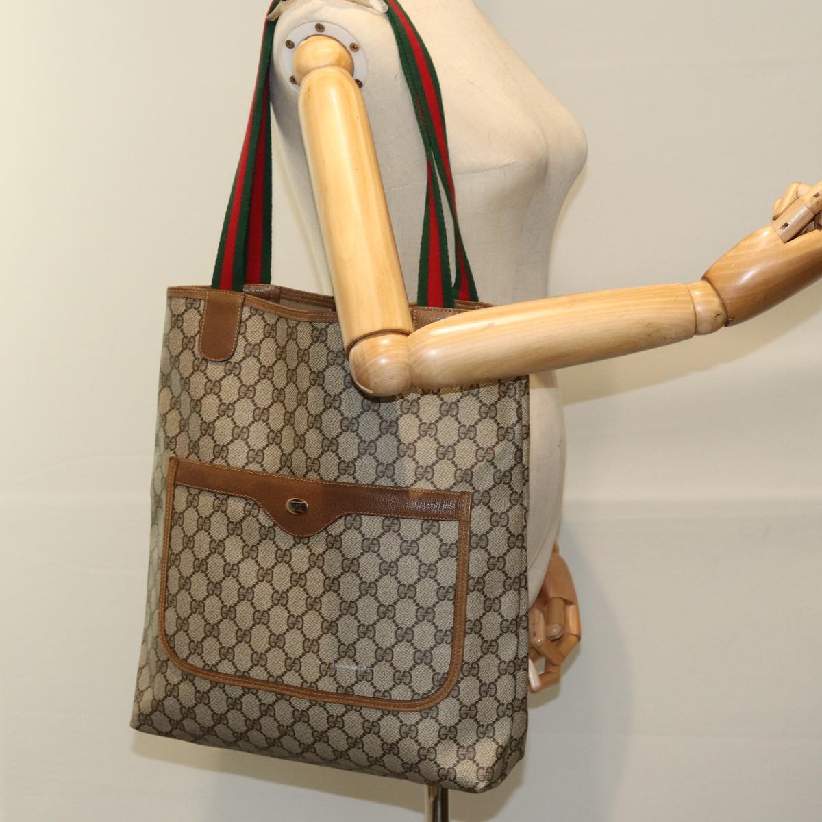 GUCCI GG Supreme Web Sherry Line Tote Bag PVC Beige Red 39 02 003 Auth th5206