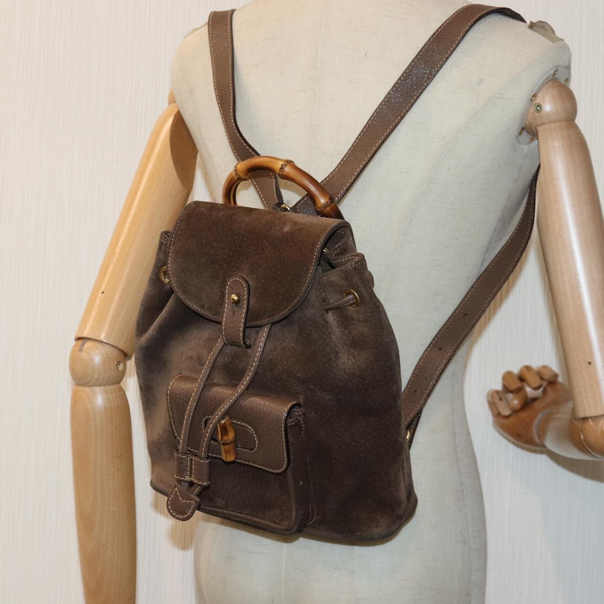 GUCCI Bamboo Backpack Suede Brown Gold 003 2058 0030 Auth th5215