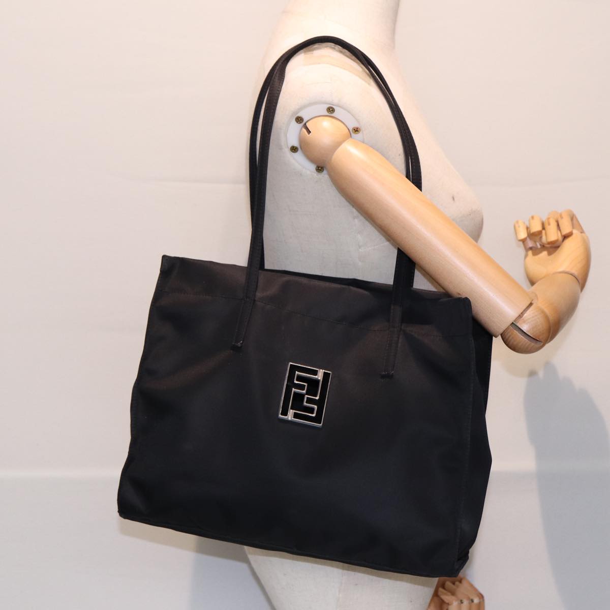 FENDI Tote Bag Nylon Black Silver Auth th5238