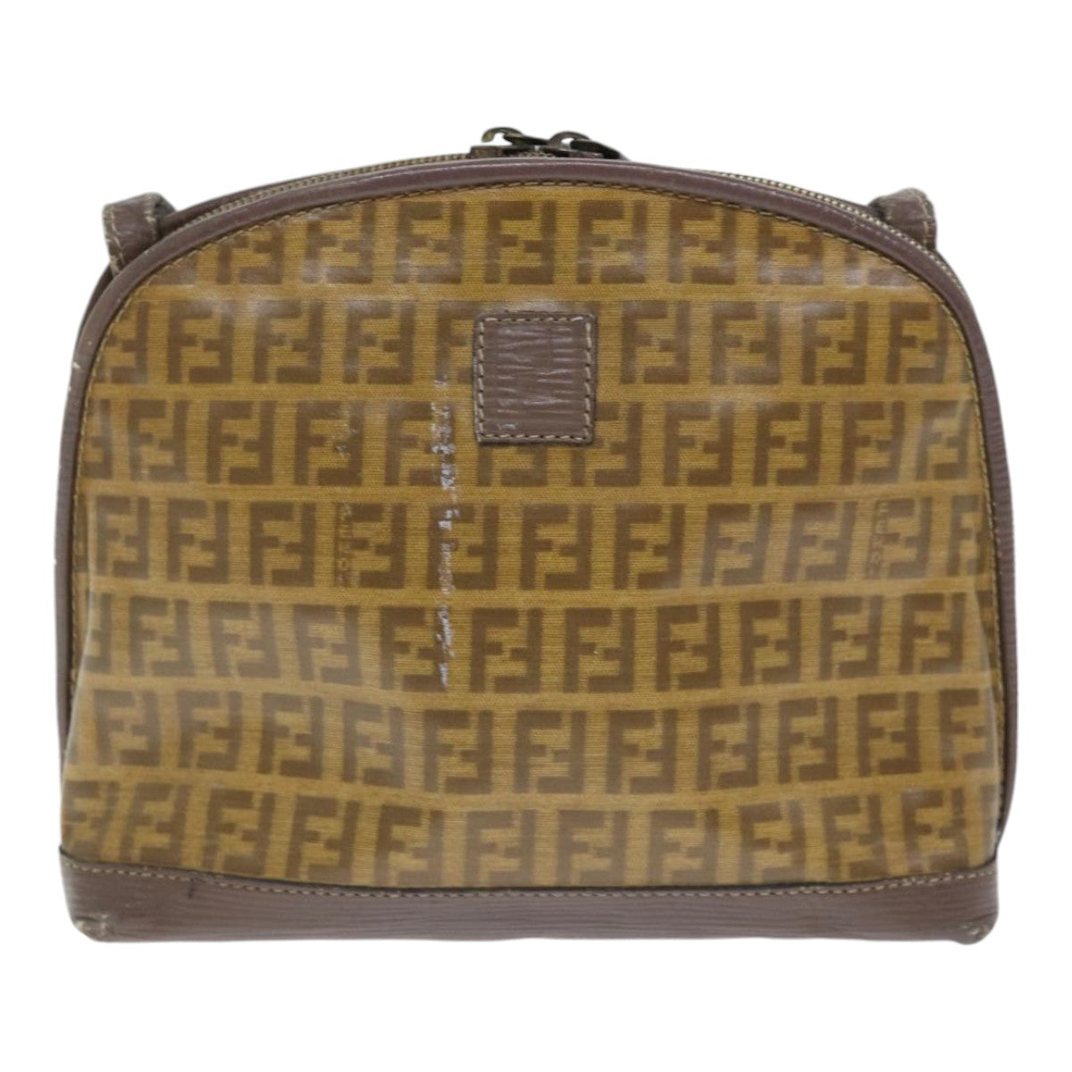 FENDI Zucchino Canvas Shoulder Bag Enamel Brown Black gold Auth th5255