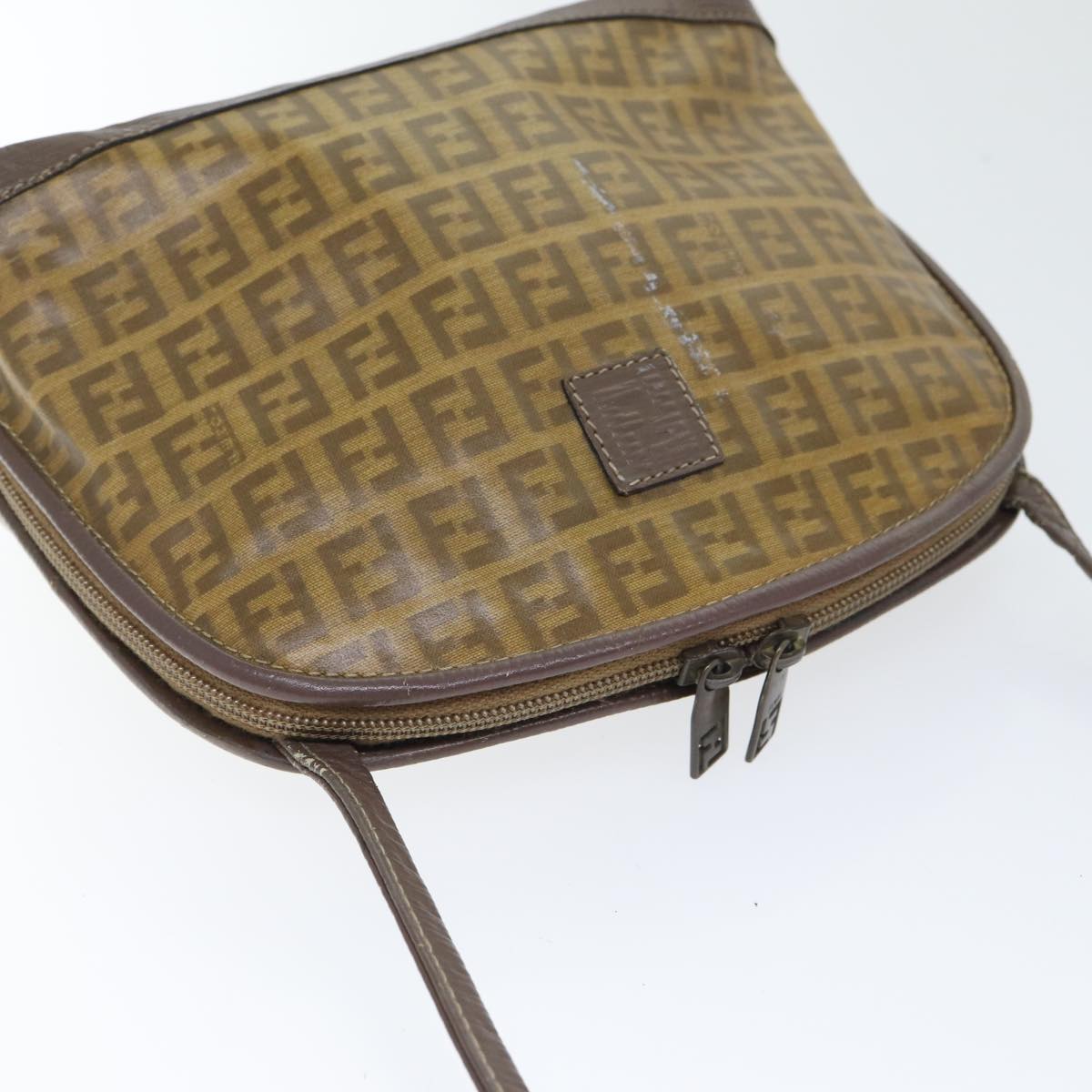 FENDI Zucchino Canvas Shoulder Bag Enamel Brown Black gold Auth th5255