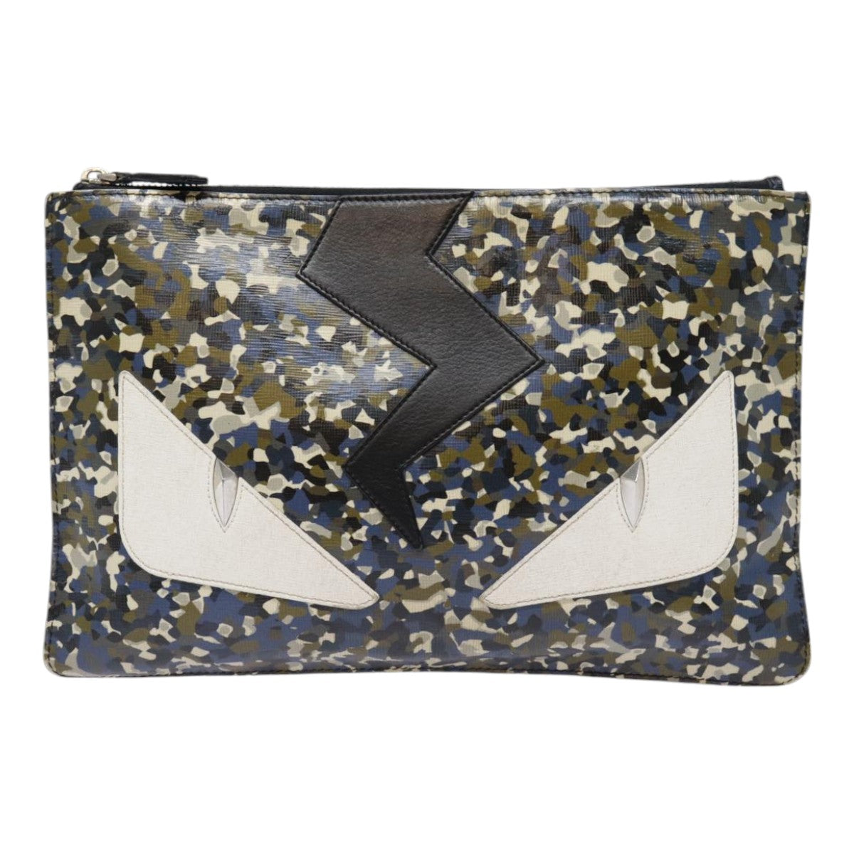 FENDI Bugs Monster Clutch Bag PVC Leather Navy Silver Auth th5282