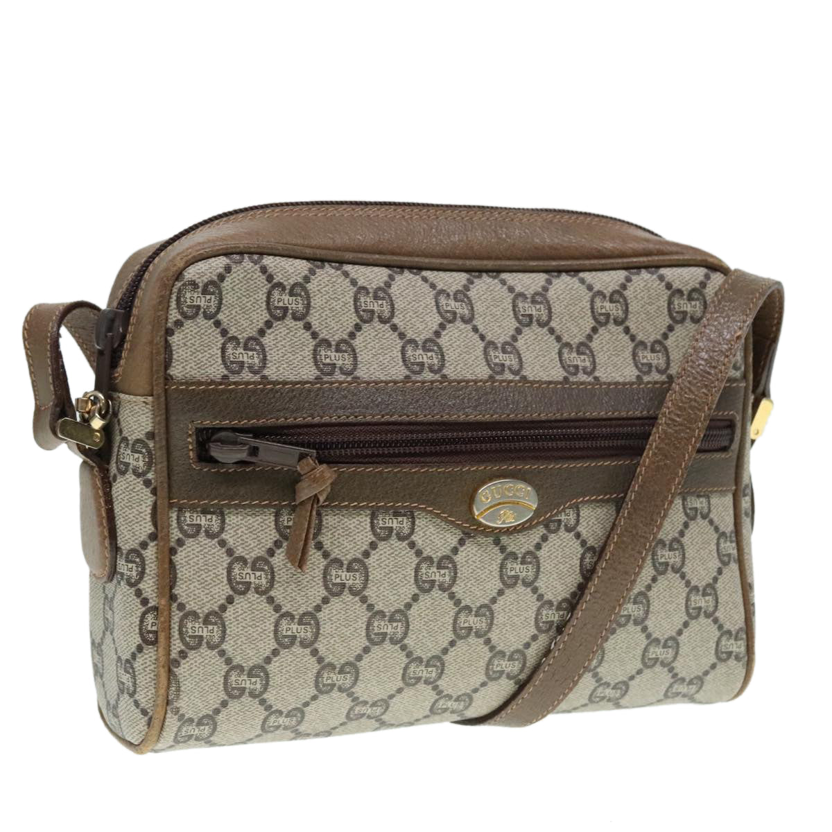 GUCCI GG PLUS Canvas Shoulder Bag PVC Leather Beige Auth th5294