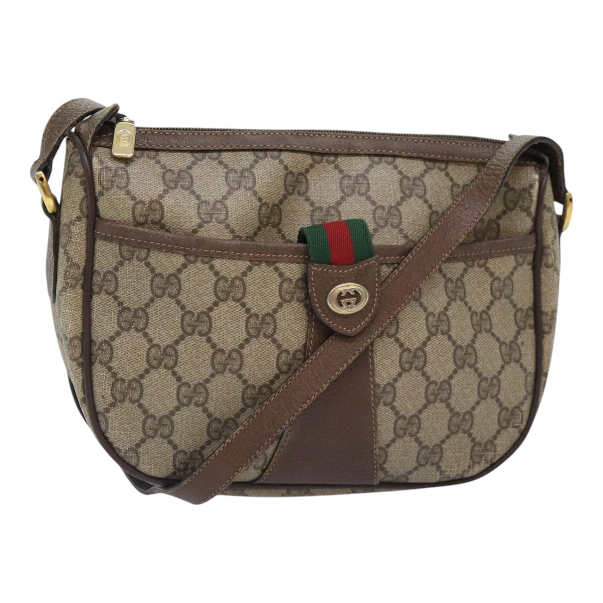 GUCCI GG Canvas Web Sherry Line Shoulder Bag PVC Leather Beige Green Auth th5295