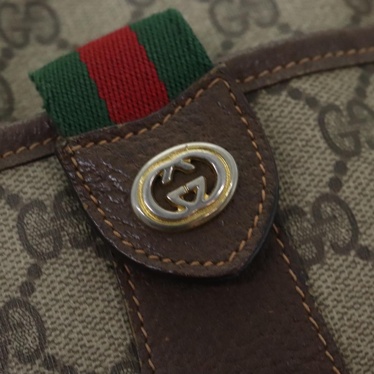 GUCCI GG Canvas Web Sherry Line Shoulder Bag PVC Leather Beige Green Auth th5295