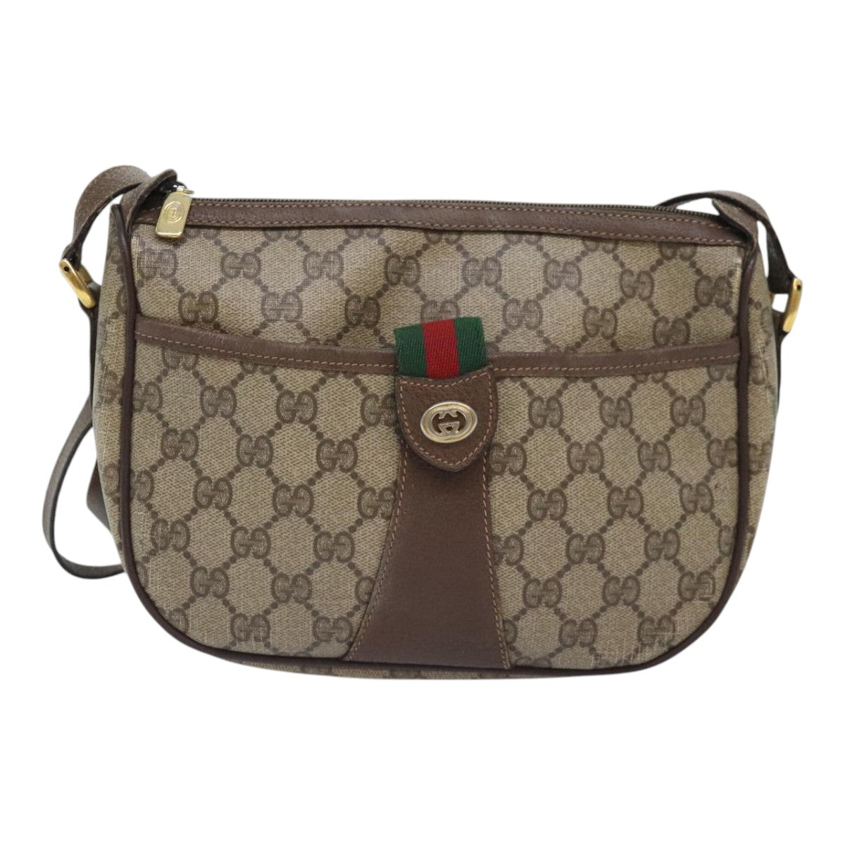 GUCCI GG Canvas Web Sherry Line Shoulder Bag PVC Leather Beige Green Auth th5295