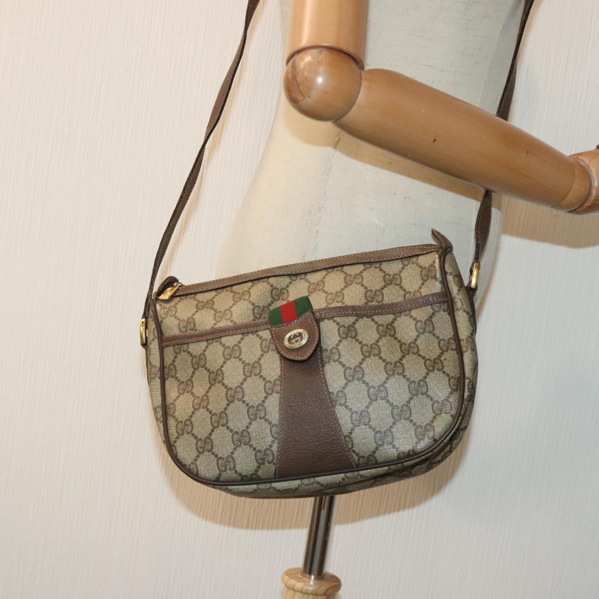 GUCCI GG Canvas Web Sherry Line Shoulder Bag PVC Leather Beige Green Auth th5295