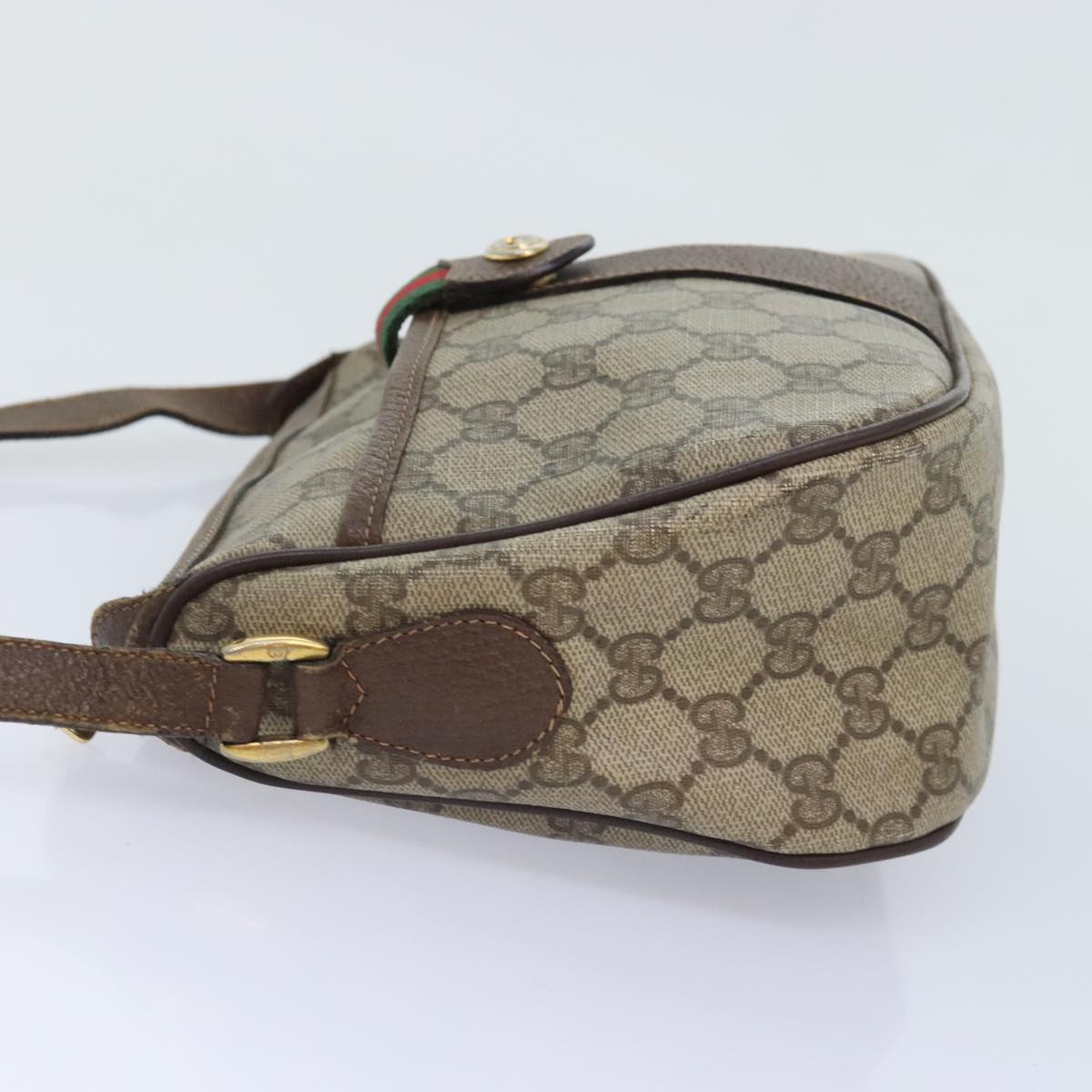 GUCCI GG Canvas Web Sherry Line Shoulder Bag PVC Leather Beige Green Auth th5295