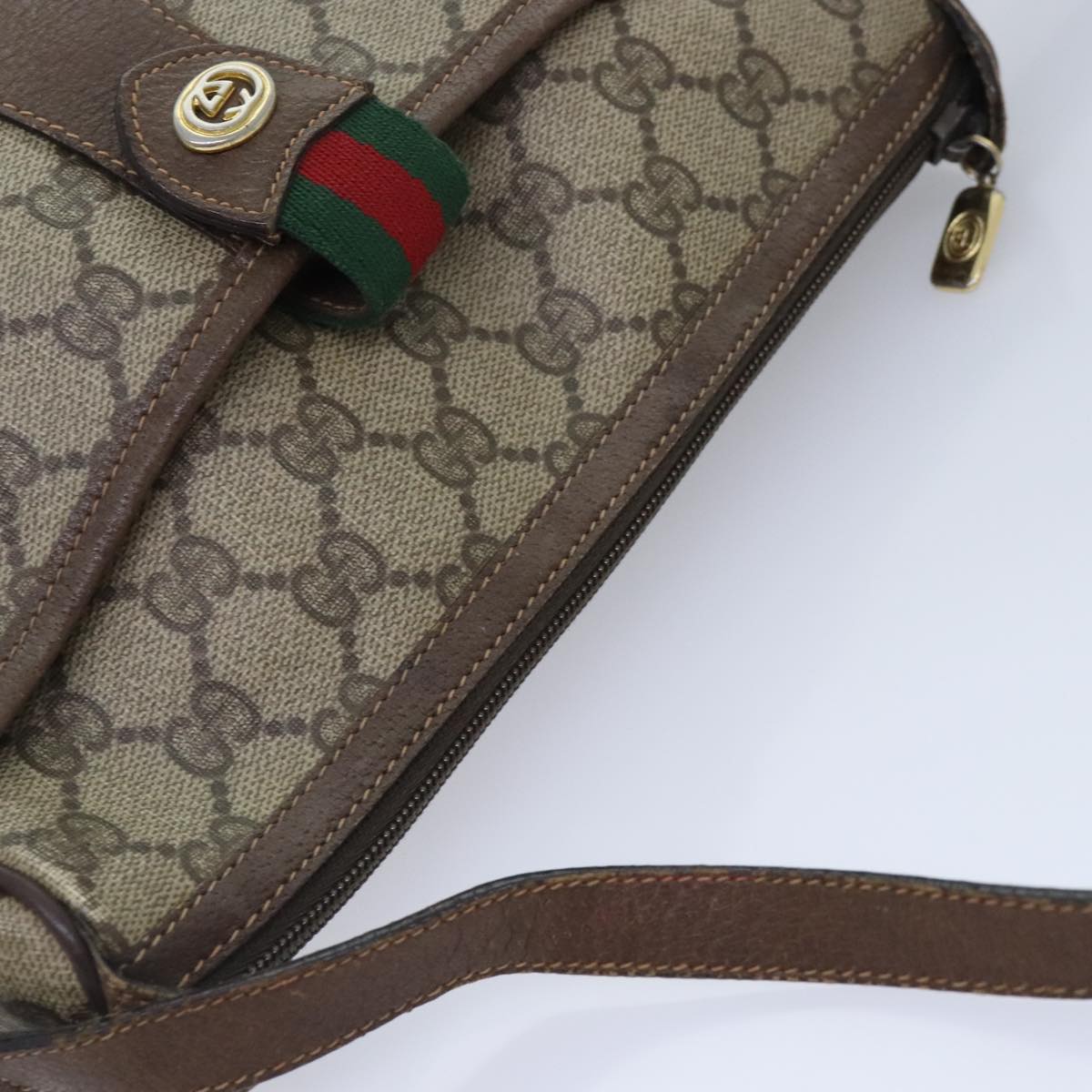 GUCCI GG Canvas Web Sherry Line Shoulder Bag PVC Leather Beige Green Auth th5295