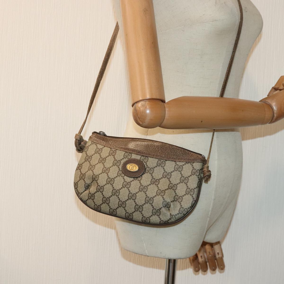 GUCCI GG Canvas Shoulder Bag PVC Leather Beige Auth th5296