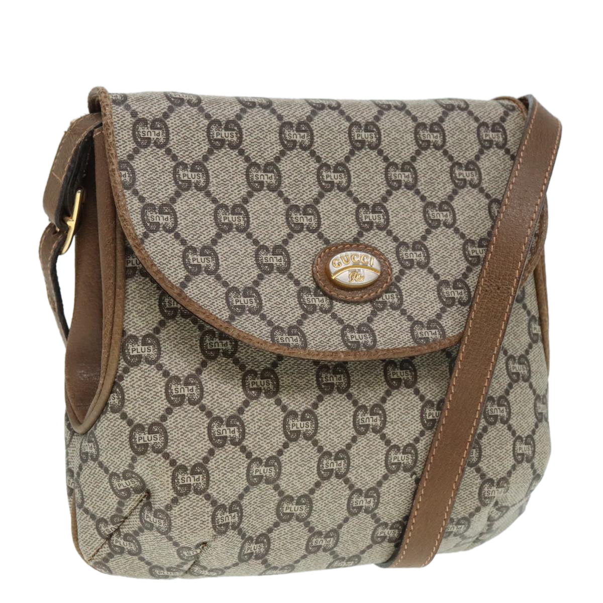 GUCCI GG PLUS Canvas Shoulder Bag PVC Leather Beige Auth th5297