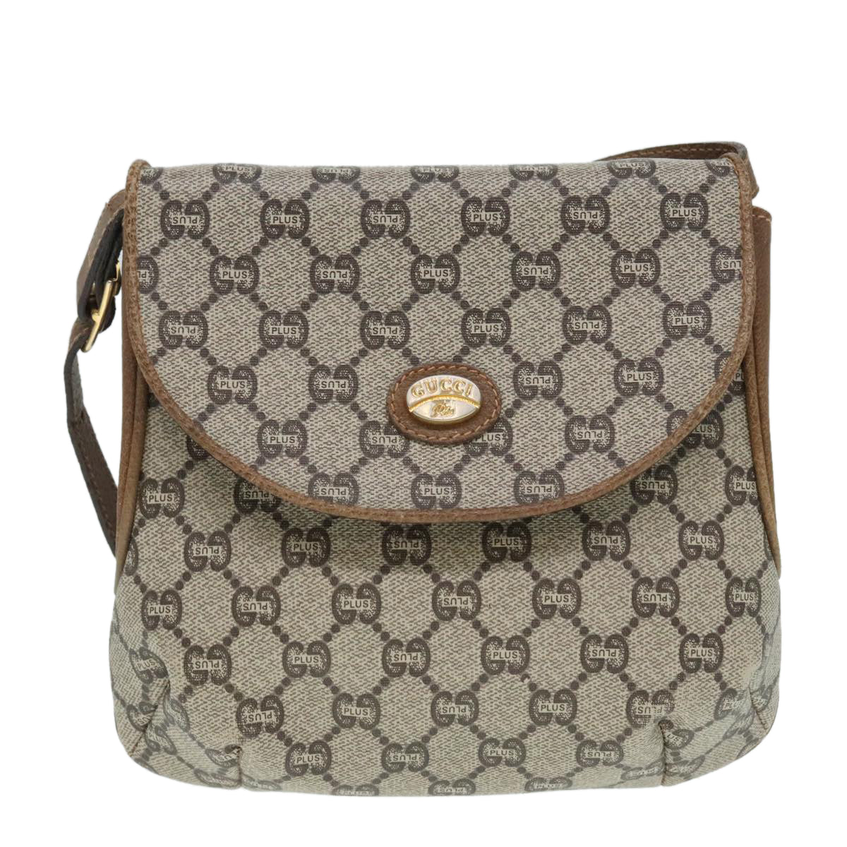 GUCCI GG PLUS Canvas Shoulder Bag PVC Leather Beige Auth th5297