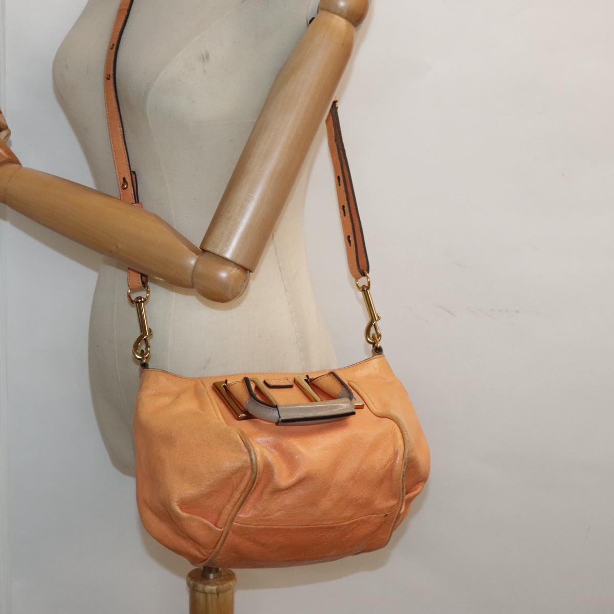 Chloe Etel Shoulder Bag Leather 2way Orange Gold Auth th5309