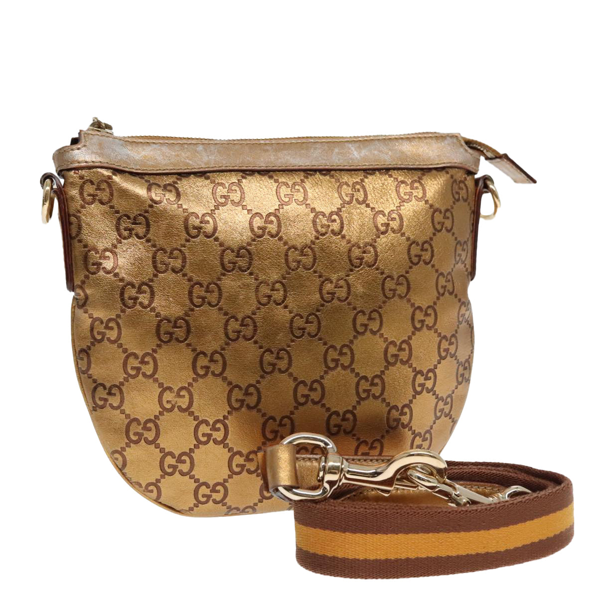 GUCCI GG Canvas Shoulder Bag Leather Gold Auth th5350