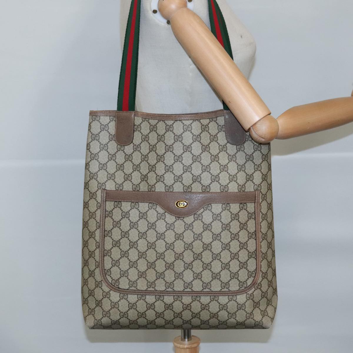 GUCCI GG Supreme Web Sherry Line Tote Bag PVC Beige 39 02 003 Auth th5372