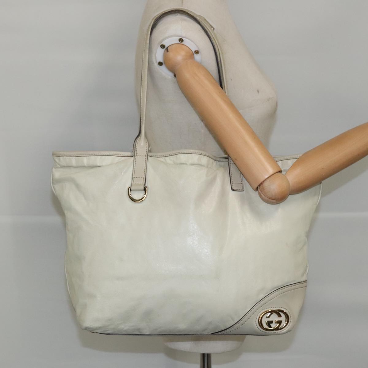 GUCCI Tote Bag Leather Beige Gold 169945 Auth th5379