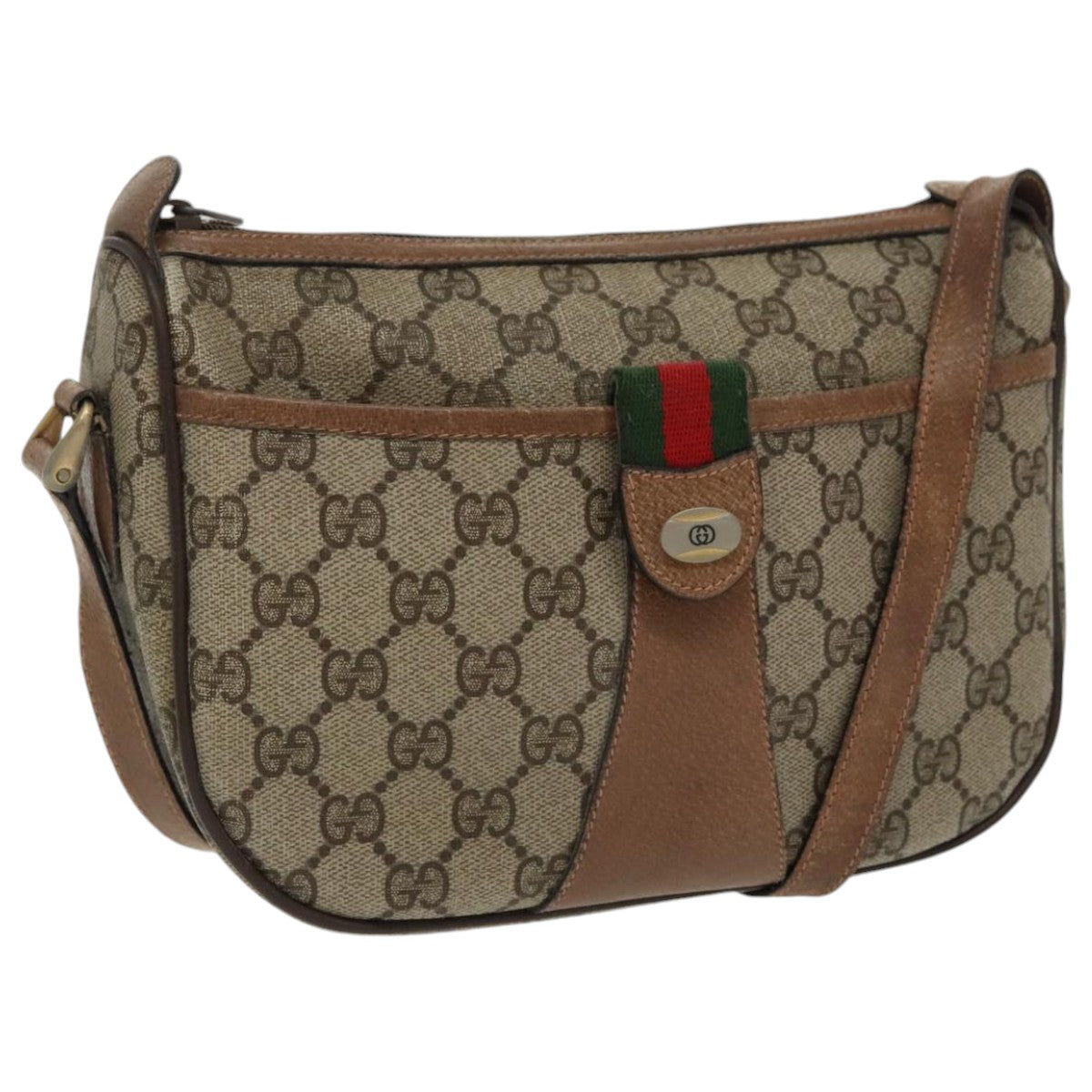 GUCCI GG Supreme Web Sherry Line Shoulder Bag PVC Beige Gold Auth th5387