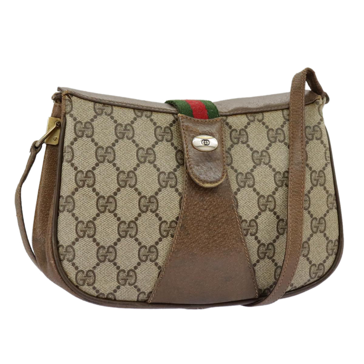 GUCCI GG Supreme Web Sherry Line Shoulder Bag PVC Beige Gold Red Auth th5398