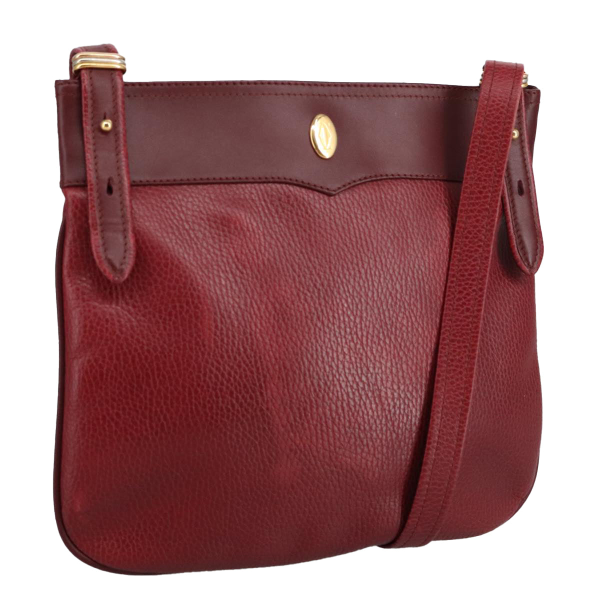 CARTIER Shoulder Bag Leather Red Gold Auth th5408