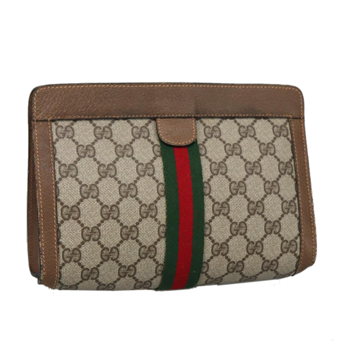 GUCCI GG Plus Supreme web sherry Clutch Bag PVC Leather Beige Auth th5429