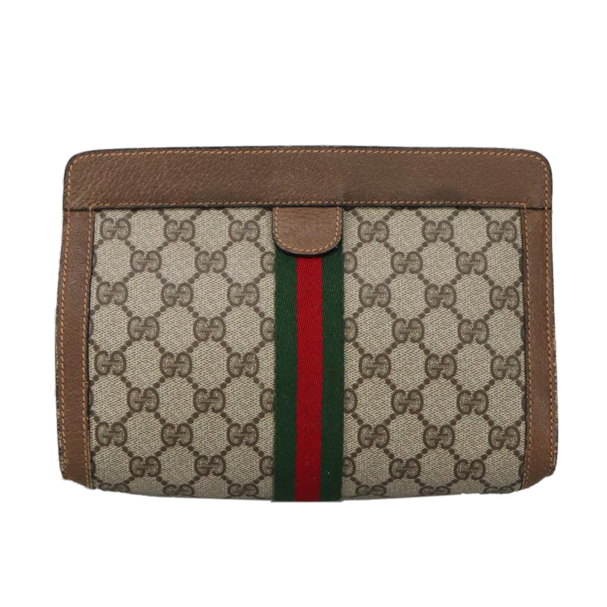 GUCCI GG Plus Supreme web sherry Clutch Bag PVC Leather Beige Auth th5429 - 0