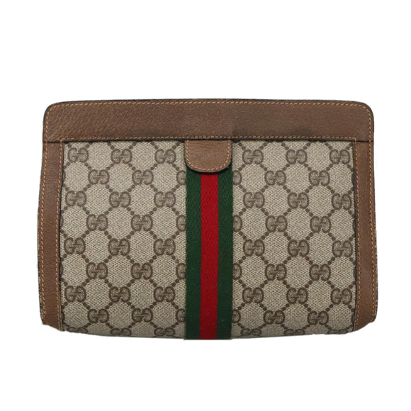 GUCCI GG Plus Supreme web sherry Clutch Bag PVC Leather Beige Auth th5429
