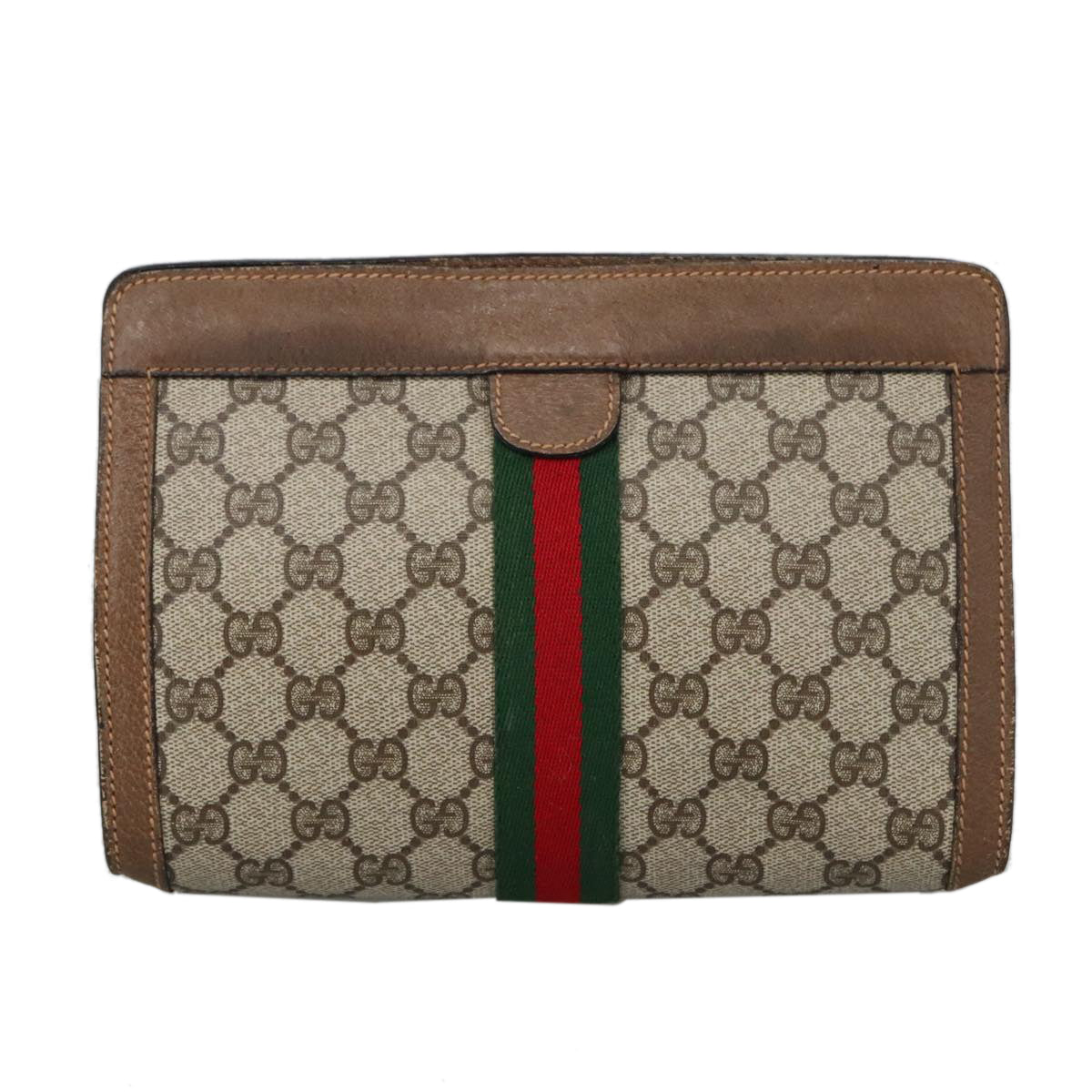 GUCCI GG Plus Supreme web sherry Clutch Bag PVC Leather Beige Auth th5429