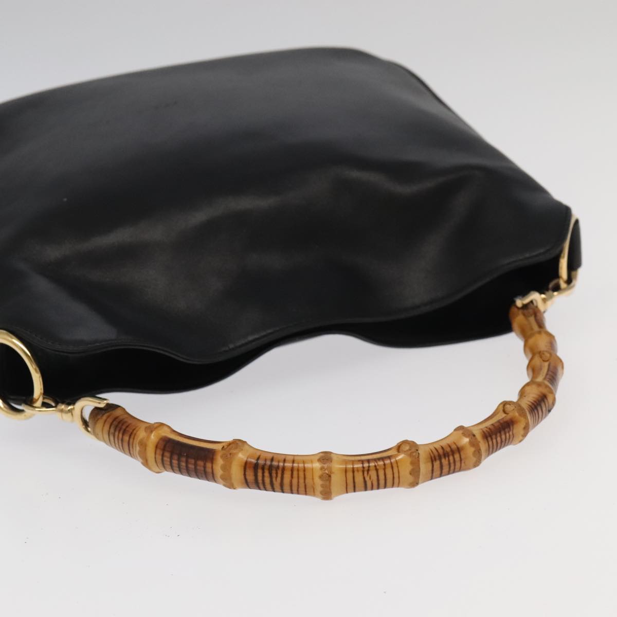 GUCCI Bamboo Hand Bag Leather 2way Black Gold 001 1638 Auth th5433