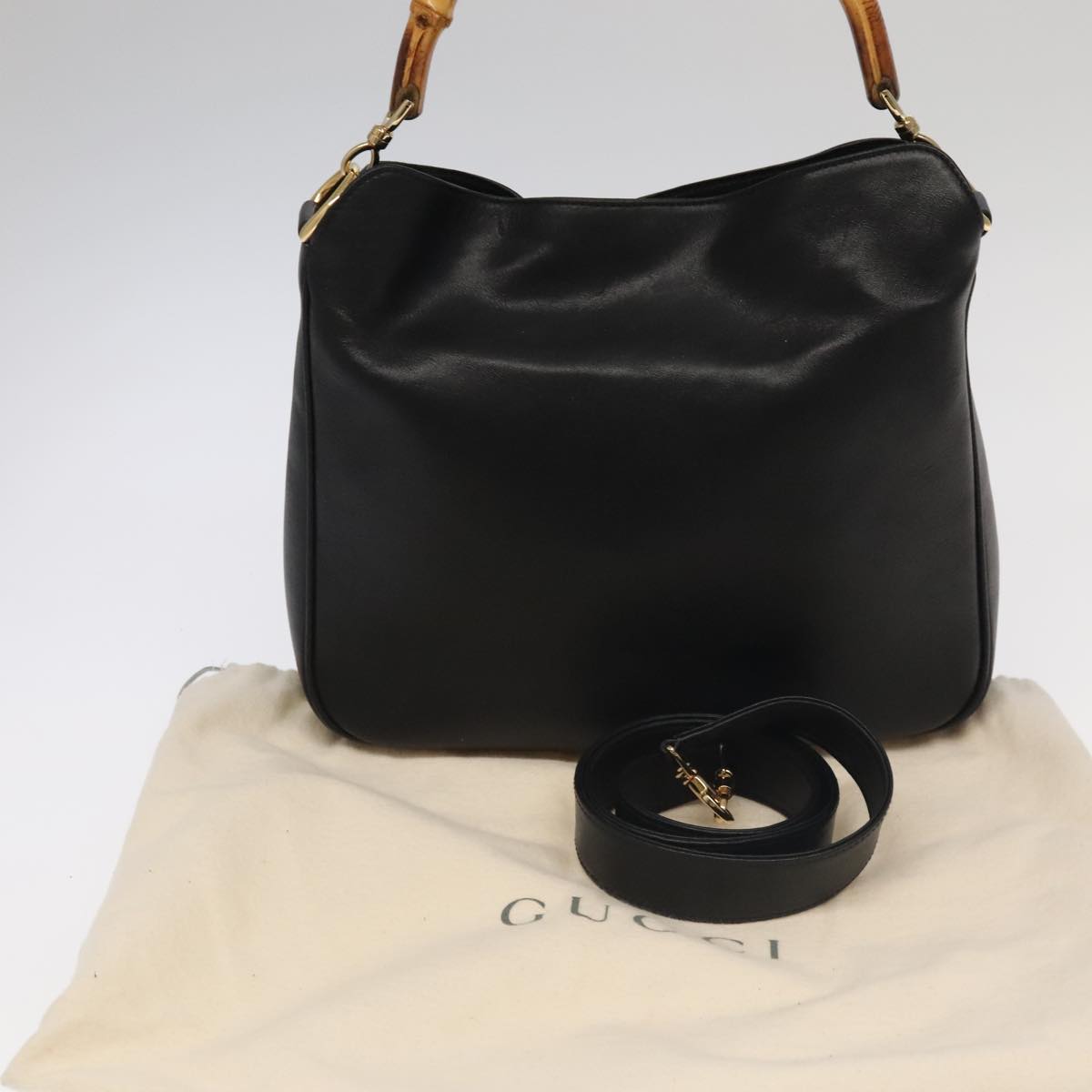 GUCCI Bamboo Hand Bag Leather 2way Black Gold 001 1638 Auth th5438