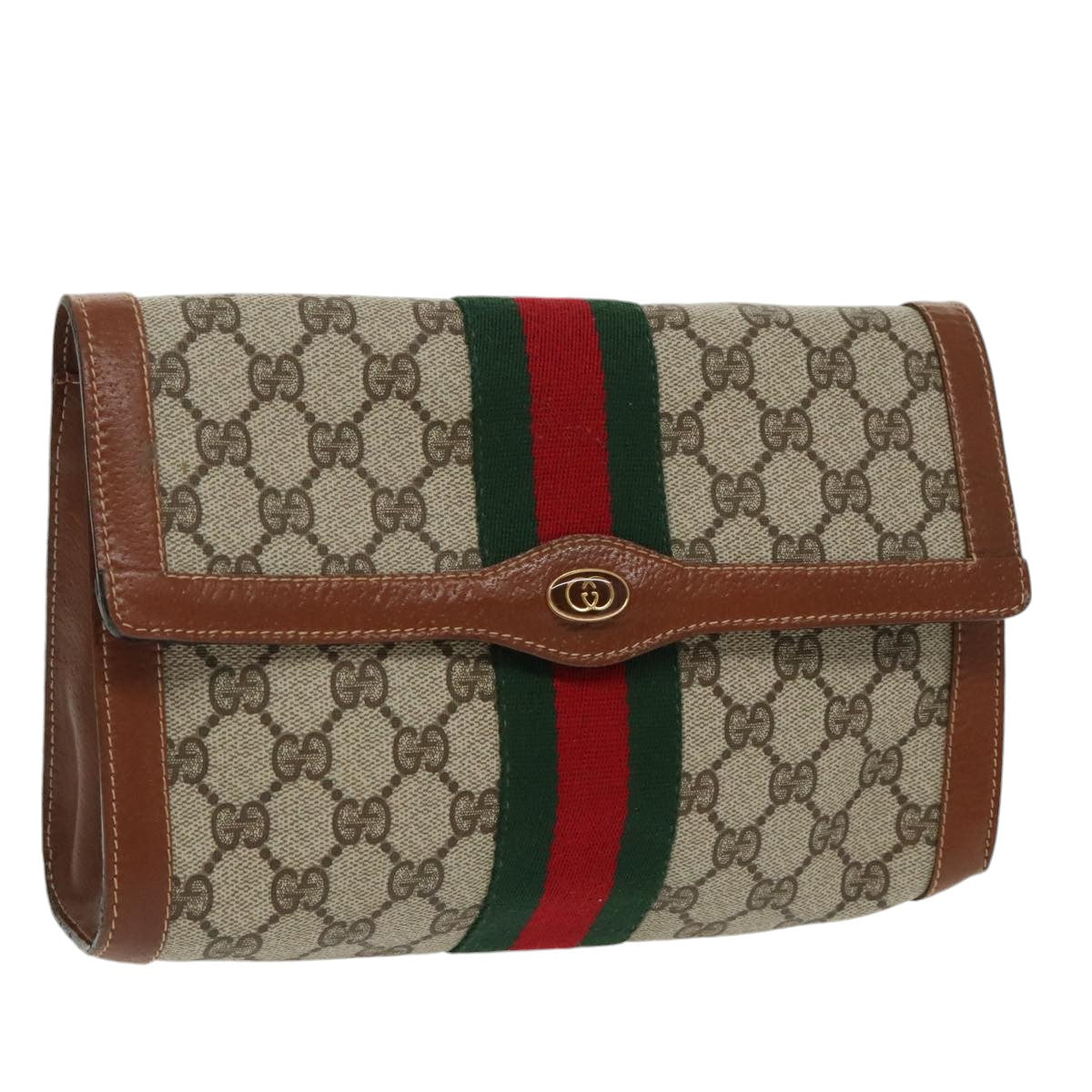 GUCCI GG Supreme Web Sherry Line Clutch Bag PVC Beige Red Green Auth th5443