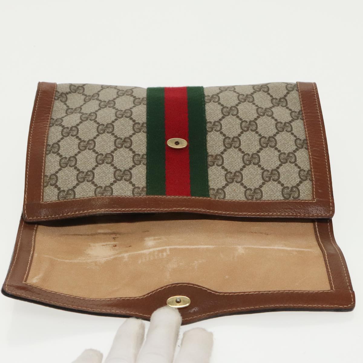 GUCCI GG Supreme Web Sherry Line Clutch Bag PVC Beige Red Green Auth th5443