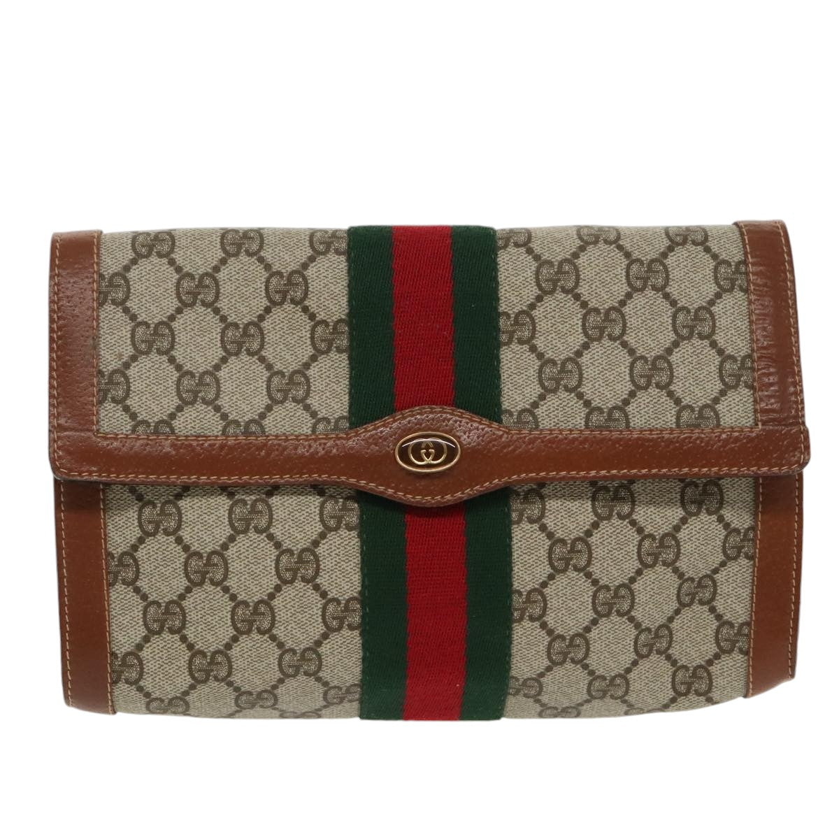 GUCCI GG Supreme Web Sherry Line Clutch Bag PVC Beige Red Green Auth th5443 - 0