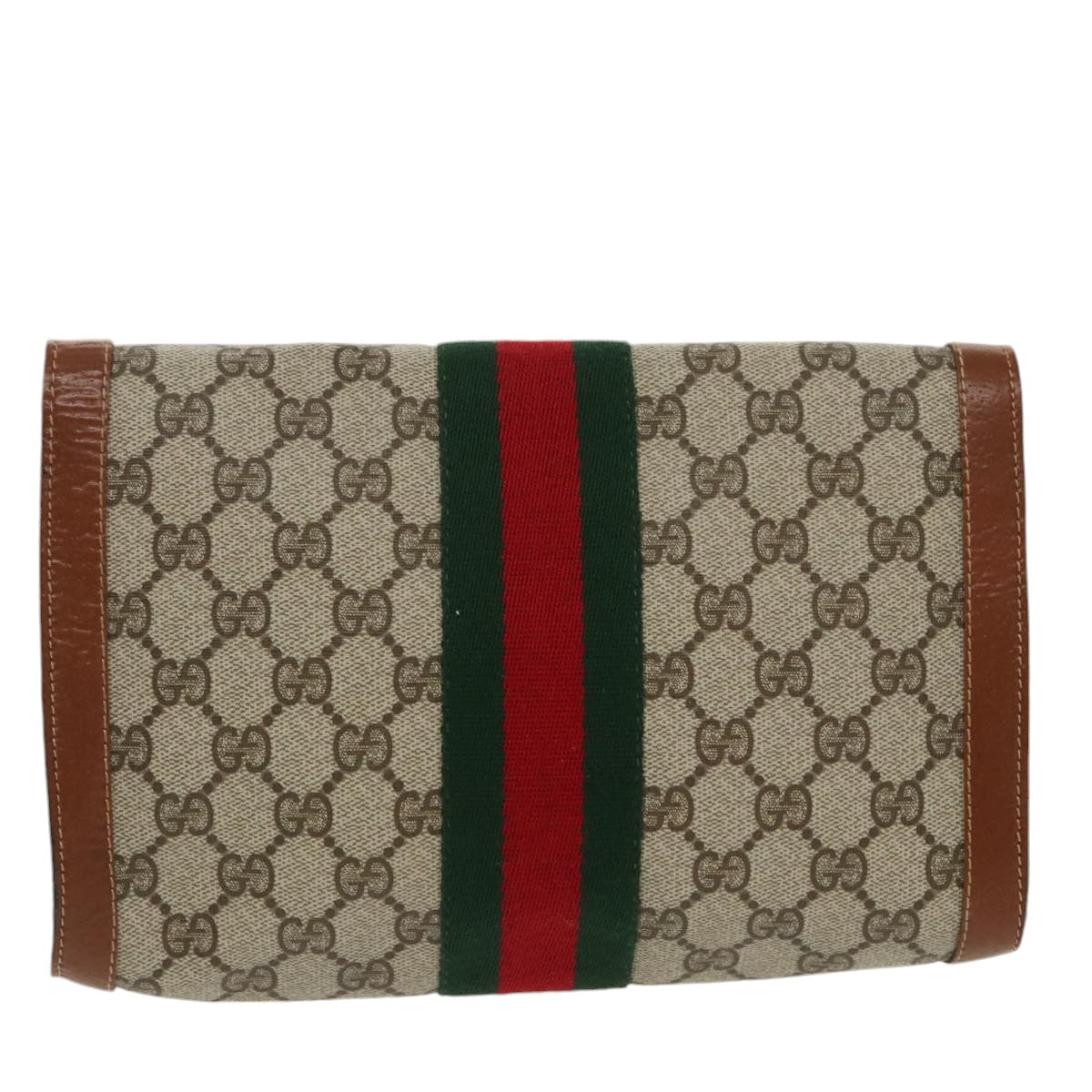 GUCCI GG Supreme Web Sherry Line Clutch Bag PVC Beige Red Green Auth th5443