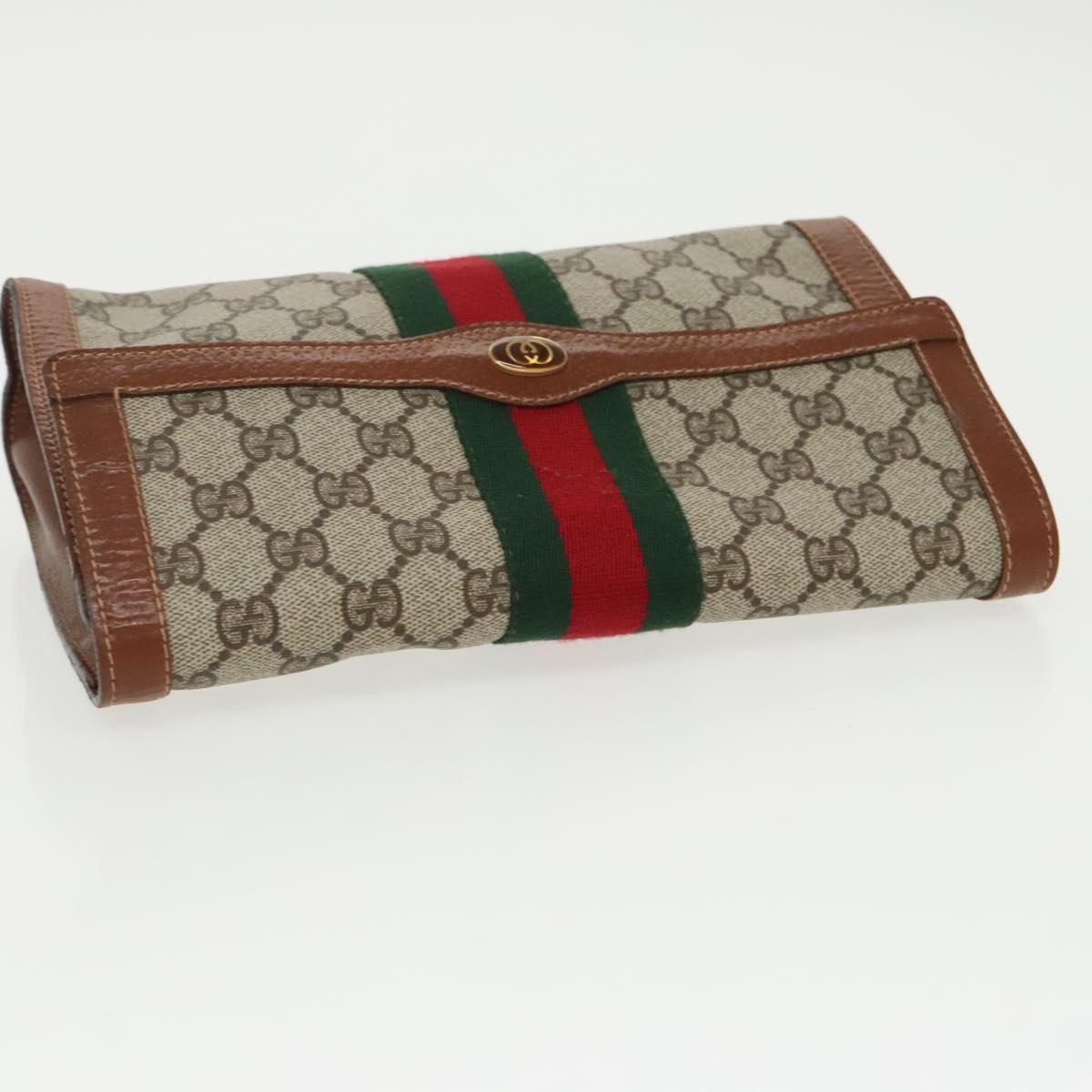 GUCCI GG Supreme Web Sherry Line Clutch Bag PVC Beige Red Green Auth th5443