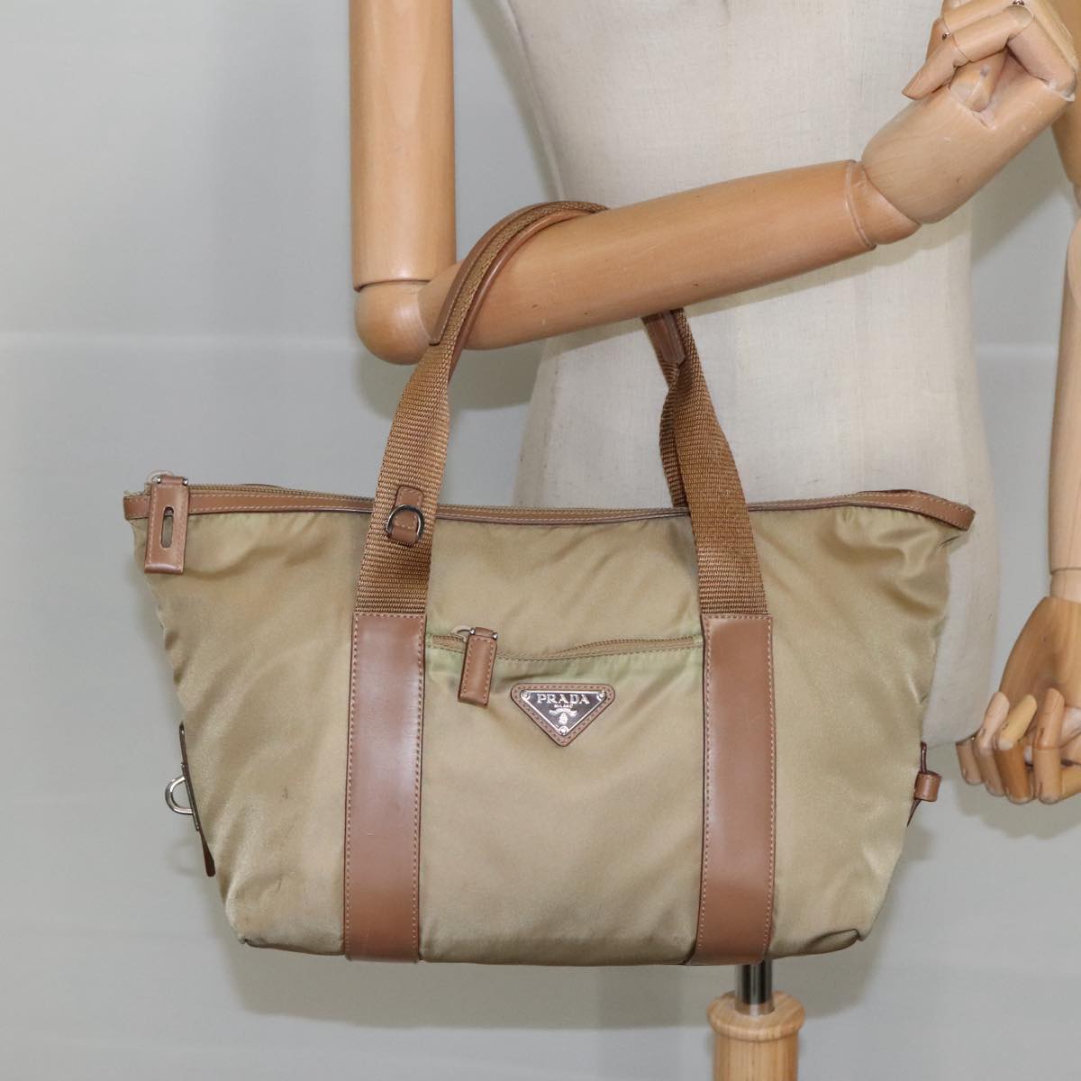 PRADA Hand Bag Nylon Beige Silver Auth th5450