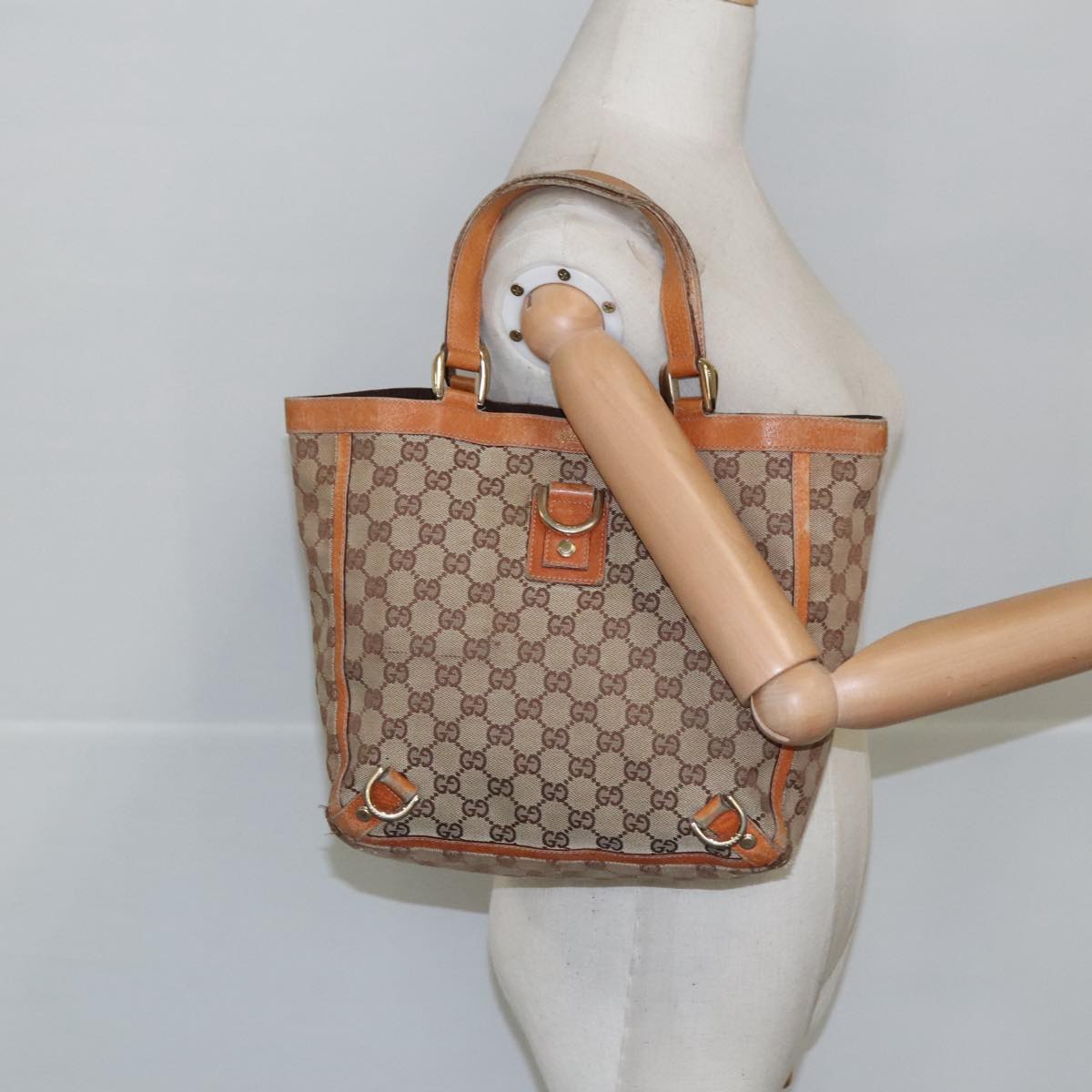 GUCCI GG Canvas Tote Bag Beige Gold 130739 Auth th5489