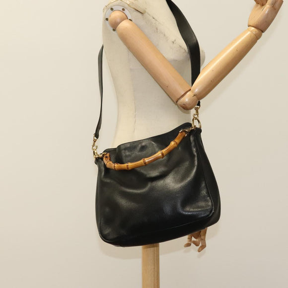 GUCCI Bamboo Hand Bag Leather 2way Black Gold 001 1705 1638 Auth th5549