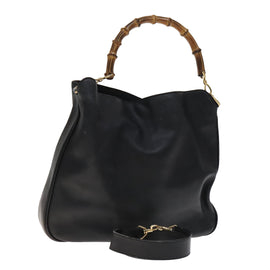 GUCCI Bamboo Hand Bag Leather 2way Black Gold 001 2113 1577 Auth th5555