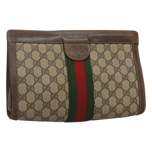 GUCCI GG Supreme Web Sherry Line Clutch Bag PVC Beige Red Auth th5745