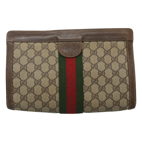 GUCCI GG Supreme Web Sherry Line Clutch Bag PVC Beige Red Auth th5745