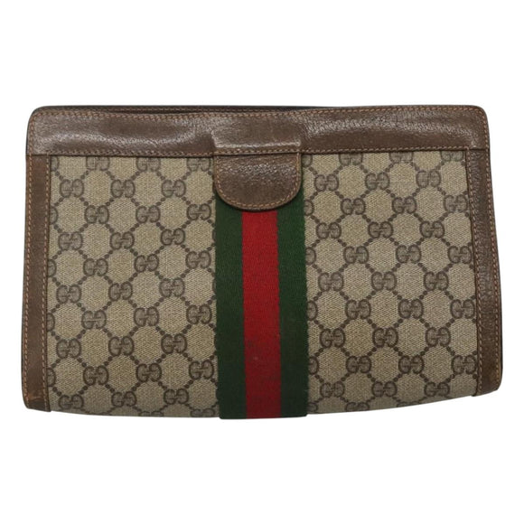 GUCCI GG Supreme Web Sherry Line Clutch Bag PVC Beige Red Auth th5745