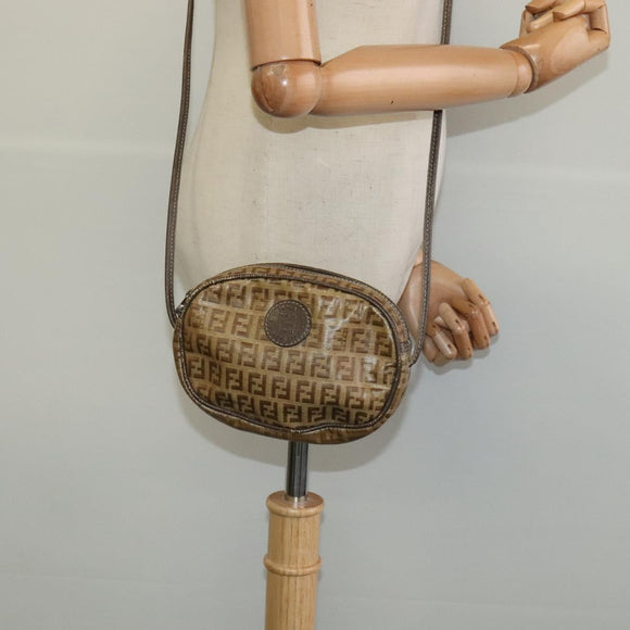 FENDI Zucchino Canvas Shoulder Bag PVC Brown Silver Auth th5785