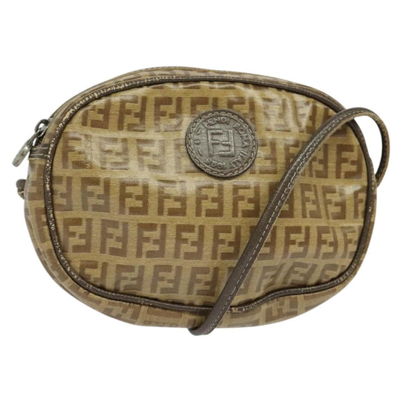 FENDI Zucchino Canvas Shoulder Bag PVC Brown Silver Auth th5785