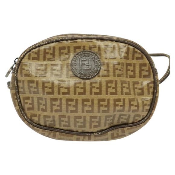 FENDI Zucchino Canvas Shoulder Bag PVC Brown Silver Auth th5785