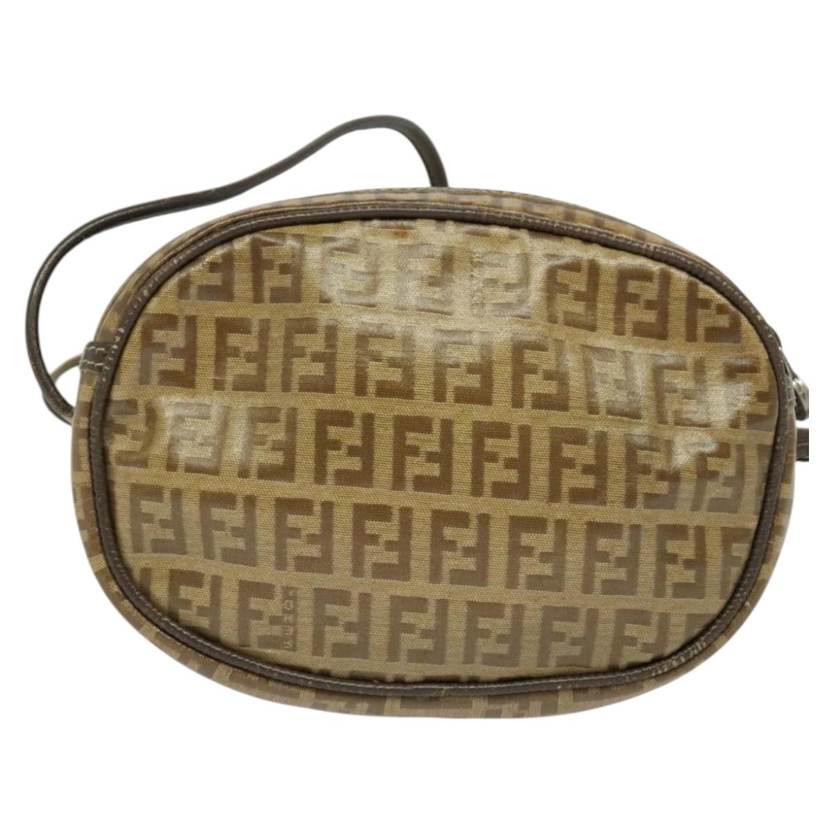 FENDI Zucchino Canvas Shoulder Bag PVC Brown Silver Auth